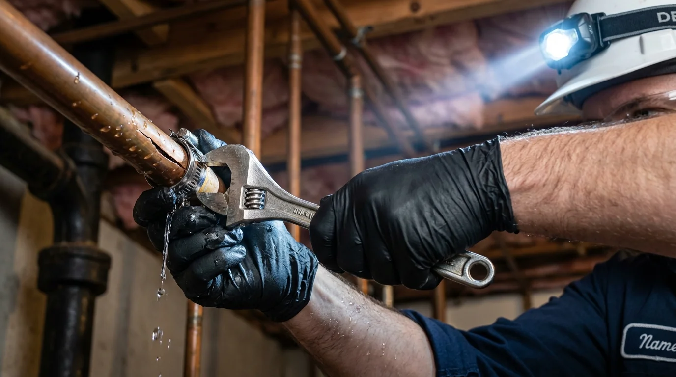 Emergency pipe clamp repair being performed by a Johns Plumbing LLC plumber in Elizabethton