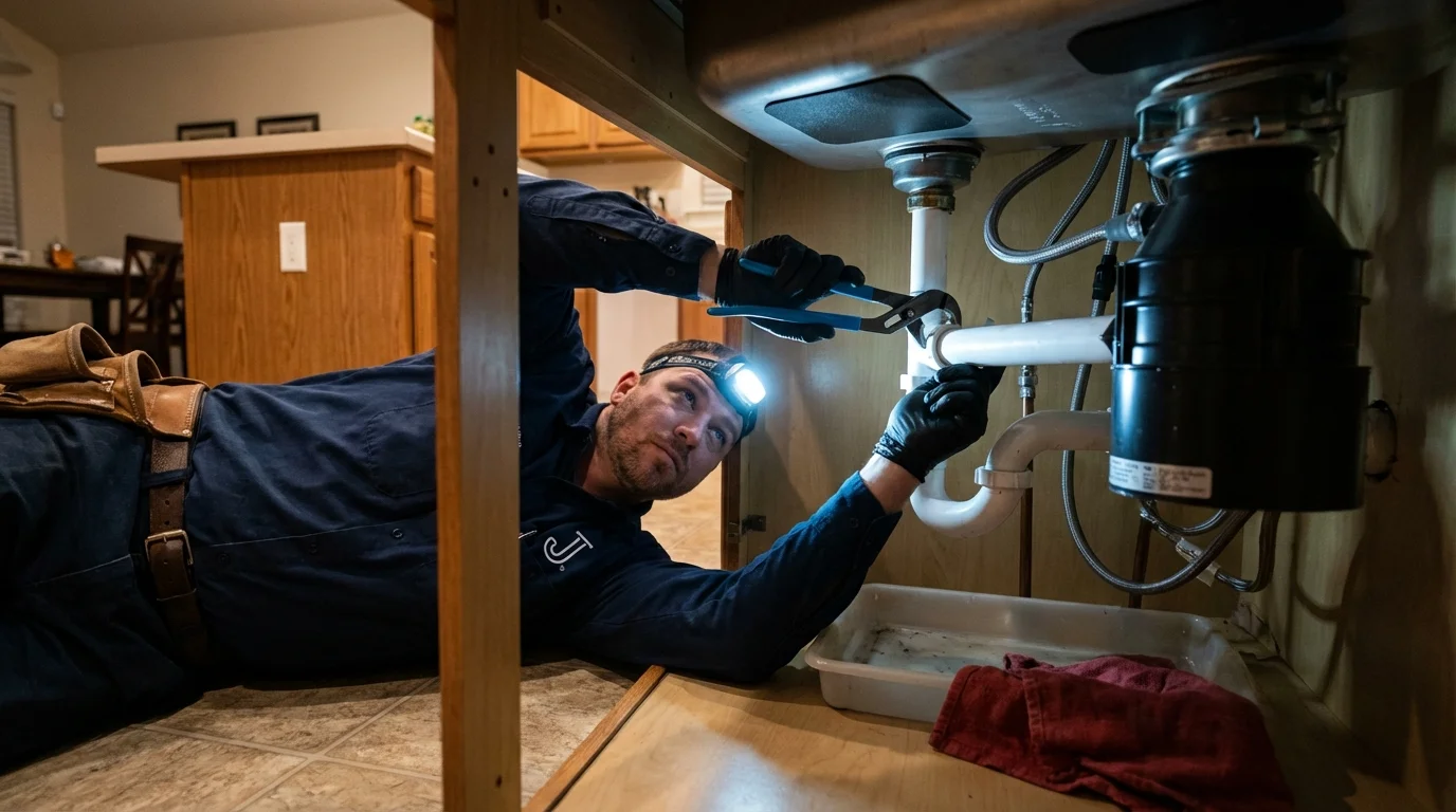 P-trap and supply line connections under a kitchen sink showing a common leak point in Elizabethton, TN